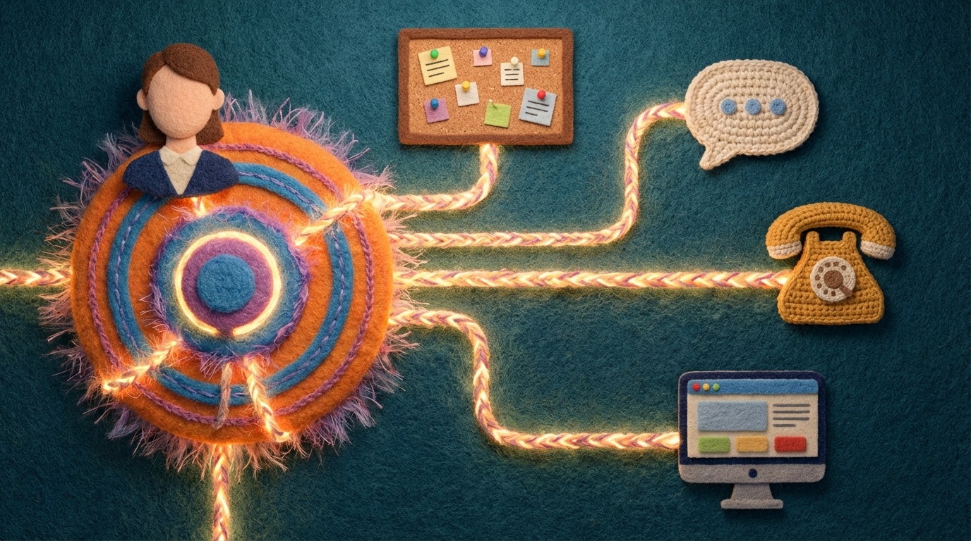 A stylized central control panel or hub, emanating glowing lines that connect to various distinct icons representing different business functions: a client profile, a project board, a chat bubble, a phone, and a website symbol. The central hub is vibrant and energetic, with connections extending outwards into a slightly darker, surrounding space. The overall composition suggests comprehensiveness and interconnectedness. Bright, contrasting colors emphasize the central role and diverse functions. Overhead perspective.