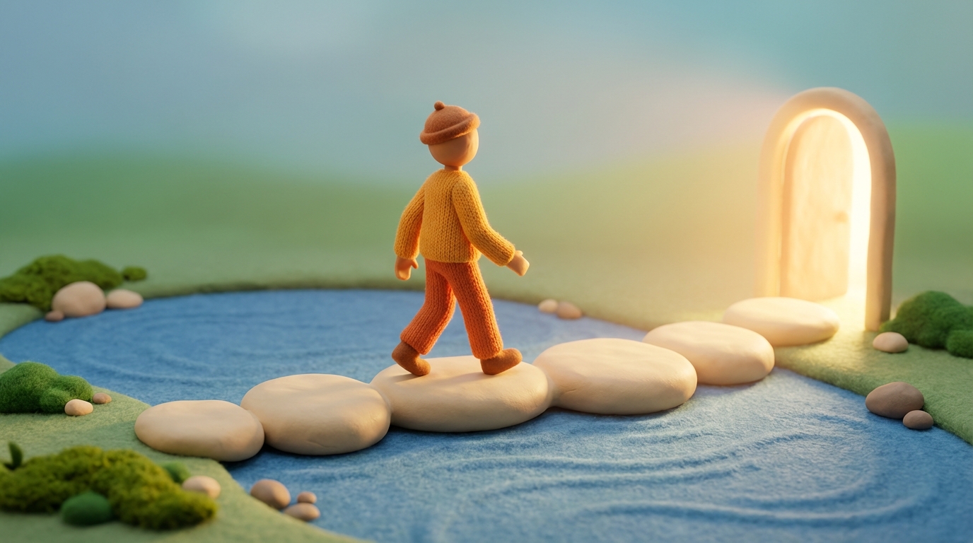 A series of smooth, distinct, interconnected stepping stones forming a clear, inviting path across a small, tranquil pond. On the far side of the pond, a welcoming, softly glowing doorway is visible, representing a desired outcome. A single, stylized figure is confidently and smoothly walking across these stones, indicating easy and purposeful progress. The path symbolizes the customer journey, made seamless and clear by a strong value proposition, leading directly to loyalty and repeat engagement. Soft, inviting colors with a warm, ethereal glow emanating from the doorway.