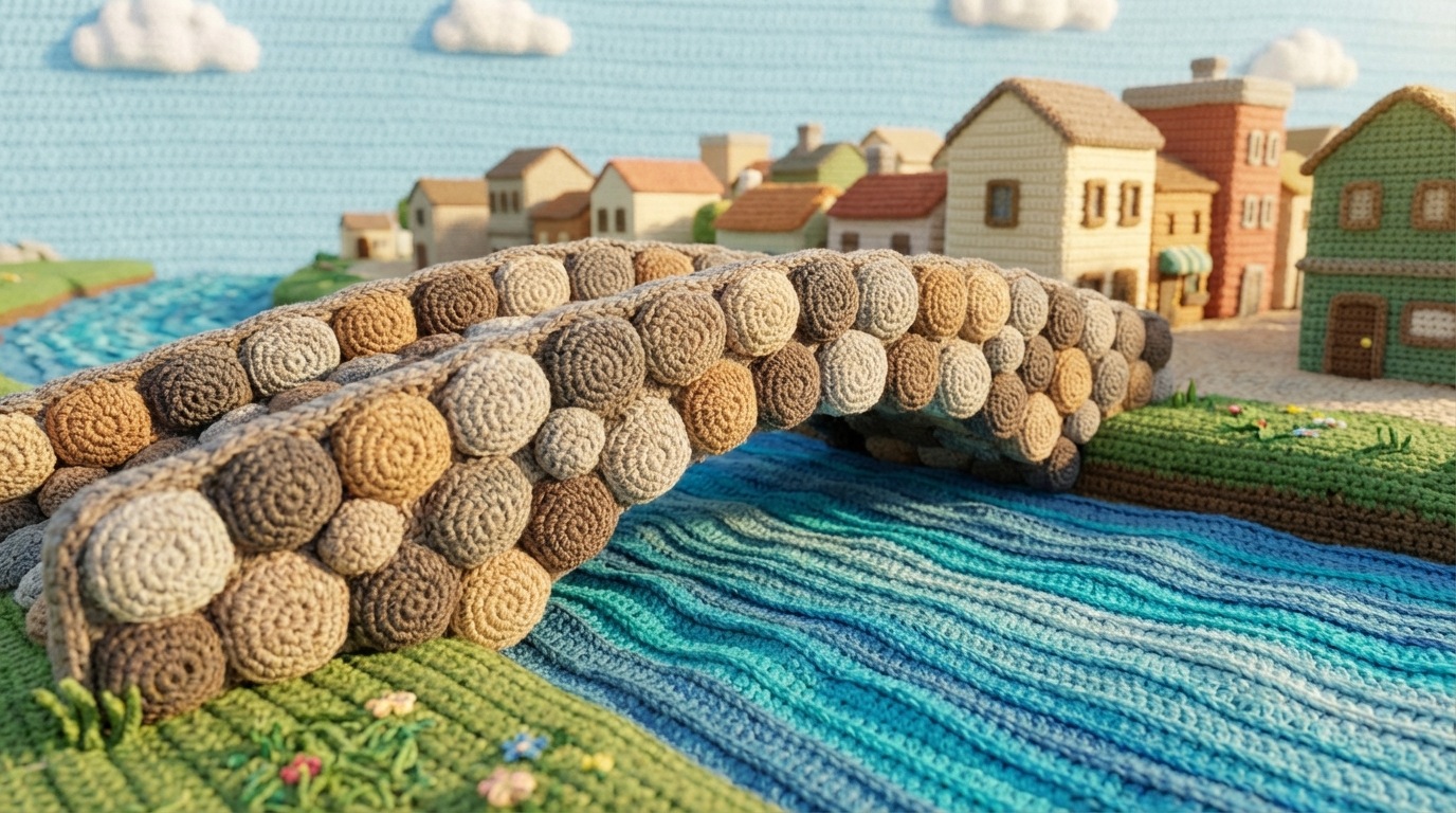 A sturdy, well-built bridge made of interlocking, smooth stones, stretching across a gentle river towards a welcoming, sunlit town. The bridge represents trust, connecting the customer (foreground) to the business (town). The stones are solid and consistent, symbolizing reliability and transparency. The overall atmosphere is calm and reassuring, with a soft, natural color palette of greens, blues, and warm stone. Viewed from a slightly elevated perspective, looking across the river.
