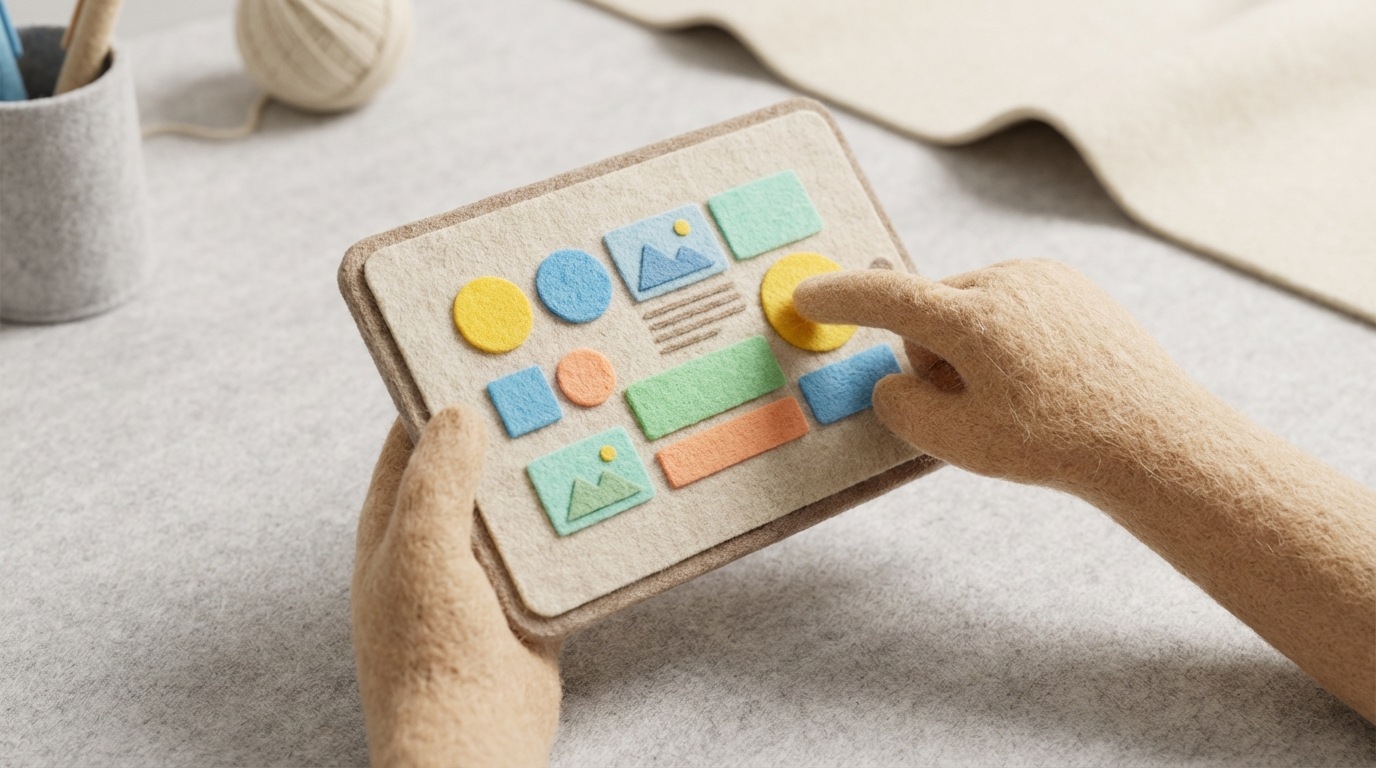 A pair of hands gently holding a tablet, its screen displaying a user-friendly design interface with simple shapes, text boxes, and image placeholders. A creative composition for a social media post is being formed with ease, suggesting intuitive tools. The background is a clean, minimalist workspace. Bright, inviting colors on the tablet screen contrast with the neutral tones of the hands and background. Close-up, slightly elevated perspective, highlighting the creative process.