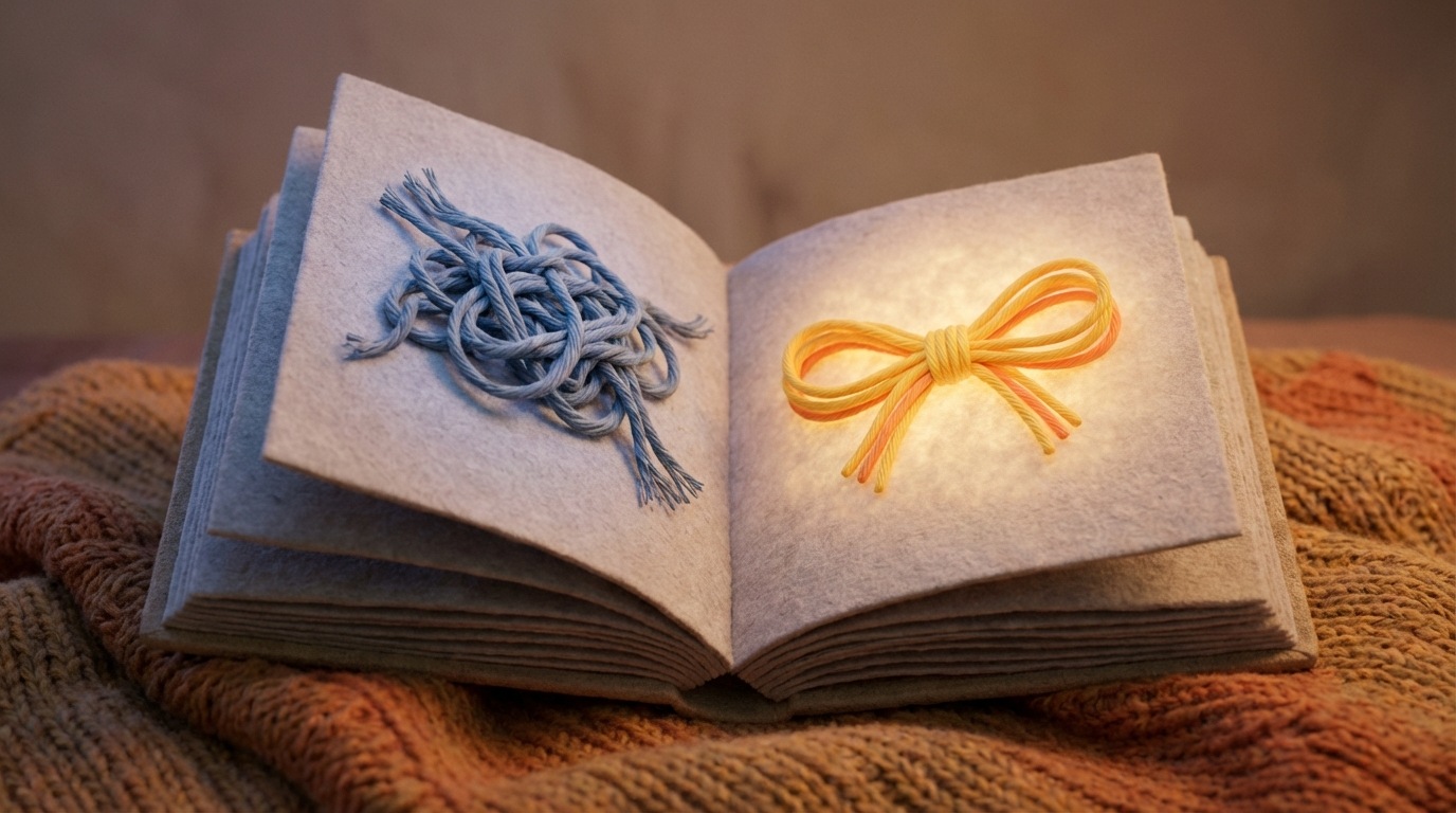 A stylized open book with pages that appear to be turning. On one page, a simple, abstract illustration depicts a "problem" (e.g., a tangled knot or a broken line). On the facing page, the illustration shows the "solution" (e.g., a neatly tied bow or a smooth, continuous line), with a subtle "success" glow. The book is resting on a warm, inviting surface, suggesting knowledge shared. The colors are soft and muted for the problem, bright and clear for the solution.