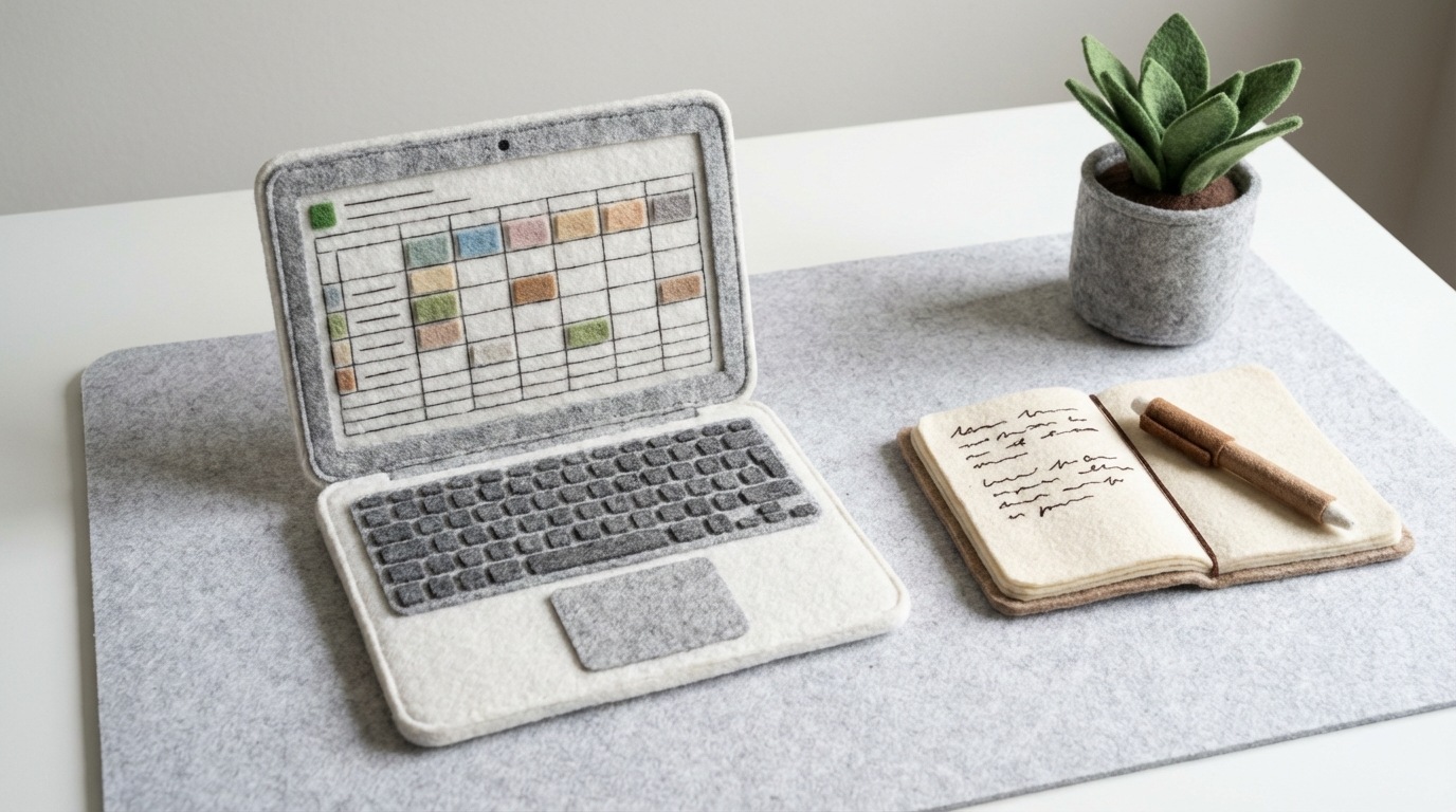 A clean, organized desk with a laptop displaying a simple spreadsheet, a physical notebook open with handwritten notes, and a basic pen. No fancy gadgets or multiple screens, emphasizing simplicity and accessibility. The scene is well-lit and practical. Muted, professional color scheme with whites, grays, and a touch of green from a small plant. Eye-level perspective.