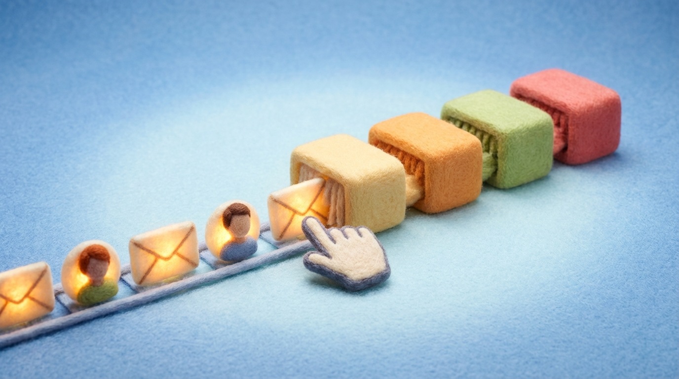 A clean, digital interface depicting a row of incoming "lead" icons (small, glowing envelopes or customer profiles) being smoothly and quickly channeled into a clear, linear progression of sales stages. Each stage is represented by a simple, distinct box, and an automated hand-like cursor is shown guiding the leads efficiently through the process. The background is a soft, gradient blue, emphasizing speed and precision. Close-up view of the digital process.