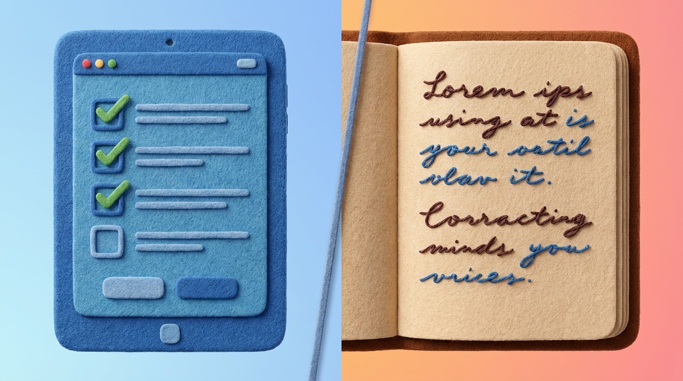 A split composition divided by a subtle vertical line. The left side features a digital screen displaying a multiple-choice survey with clearly defined, selectable options and checkmarks, representing closed questions. The right side shows an open notebook with flowing, handwritten text, indicating detailed, free-form responses for open questions. The contrast highlights the different types of feedback.