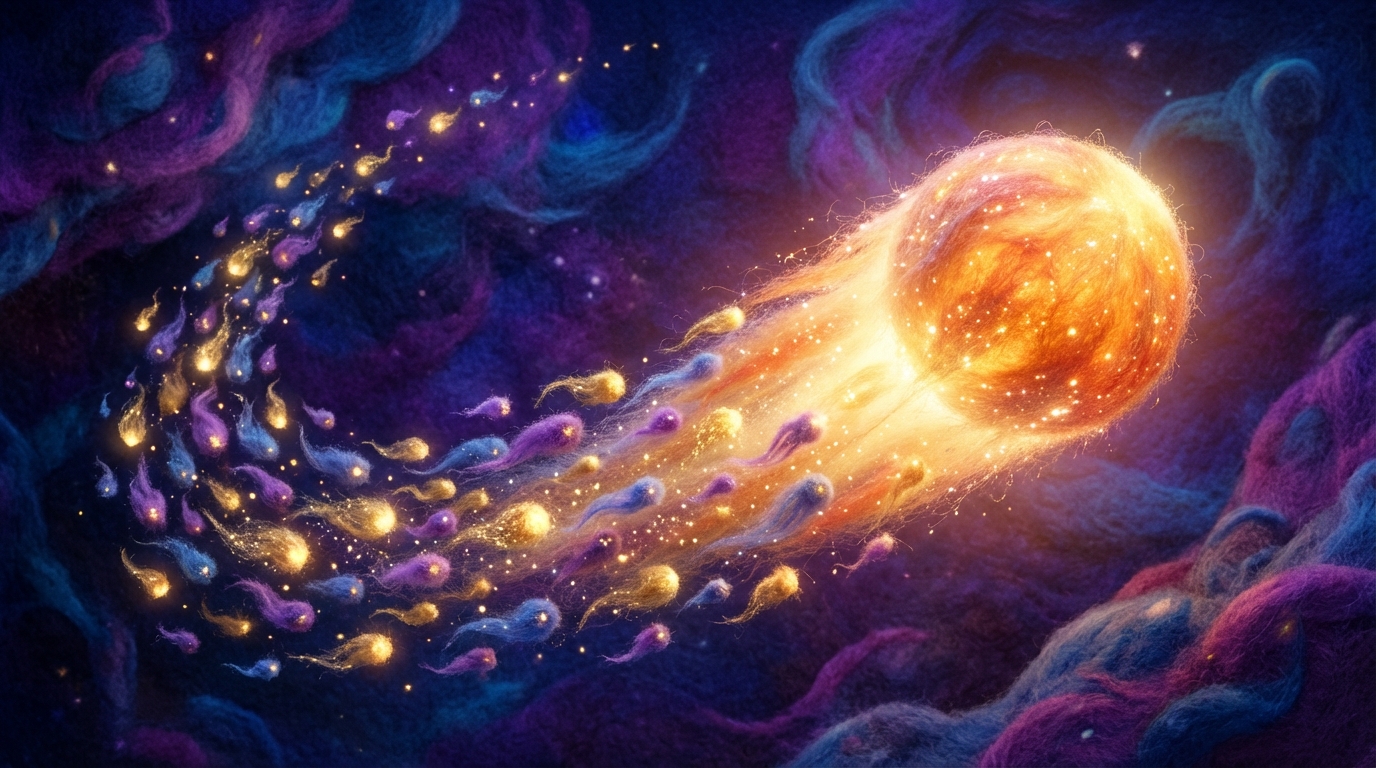 A visual metaphor of a comet. The "head" of the comet is large and bright, representing short-tail keywords – high volume, high competition. Trailing behind it is a long, shimmering "tail" composed of many smaller, distinct, glowing particles, each representing a long-tail keyword – lower volume but highly specific. The tail is depicted as more focused and directed. The atmosphere is cosmic and dynamic, with deep blues and purples contrasting with bright, energetic light.