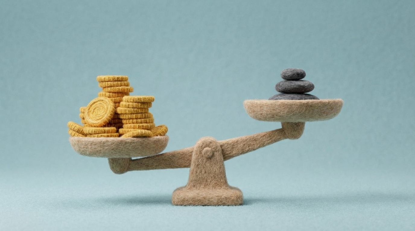 A clear, balanced scale with two pans. On the left pan, a stack of gold coins representing "Income from Content" significantly outweighs a smaller stack of dark grey stones representing "Content Costs" on the right pan. The left pan is much lower, and the right pan is elevated, visually demonstrating a positive ROI. The background is clean and minimalist, highlighting the scale. The mood is one of clear financial success and justification.