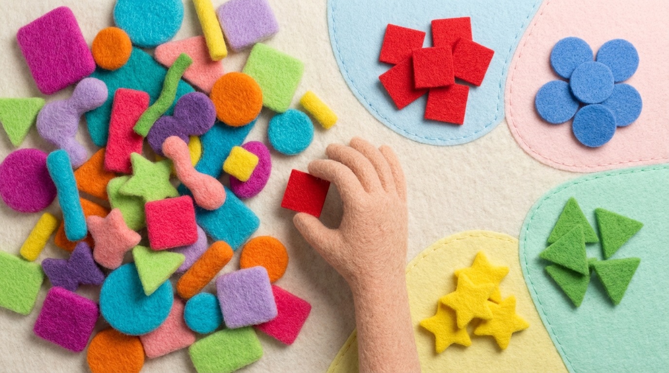 A top-down view of a large, diverse group of colorful, abstract shapes (representing customers) scattered randomly. A hand reaches in and systematically sorts these shapes into distinct, smaller clusters, each with similar characteristics (e.g., all triangles in one group, all circles in another). Each cluster is then placed into a differently colored, designated area. The mood is organized and purposeful. A wide array of bright, contrasting colors for the shapes, with distinct, softer hues for the segmented areas.