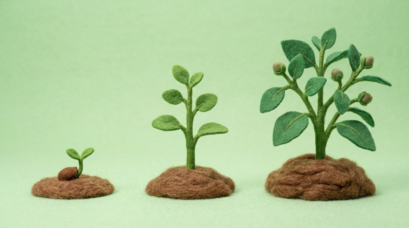 A simple, clean illustration showing three distinct stages. The first stage is a small seed sprouting. The second stage shows a young plant with a few leaves. The third stage is a larger, more robust plant with several branches, suggesting growth and development. The background is a soft, light green, emphasizing natural progression and potential.