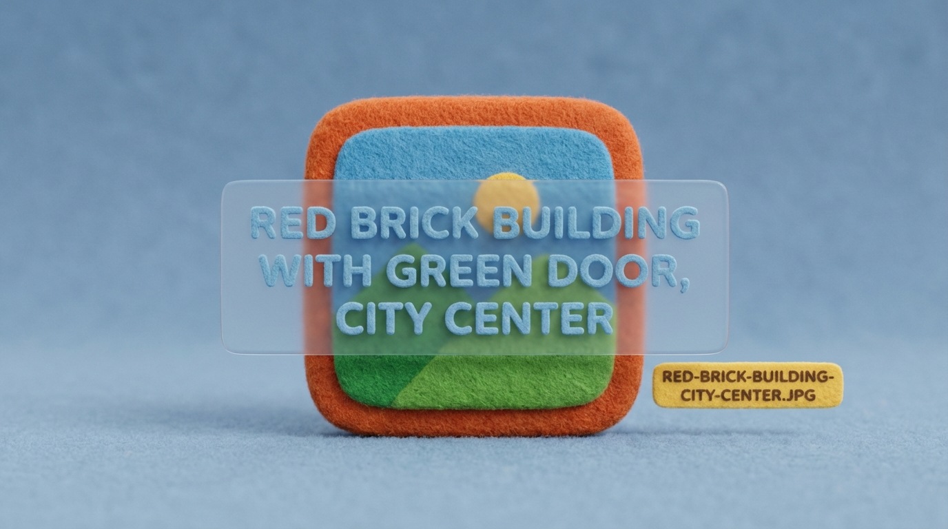 A close-up view of a digital file icon representing an image, perhaps a landscape photo. Overlaid on it is a transparent text box clearly displaying an "alt text" field with descriptive keywords like "Red brick building with green door, city center". Next to it, a small label shows the file name as "red-brick-building-city-center.jpg", emphasizing proper naming conventions. The background is a neutral digital interface, with a slight focus on the image icon.