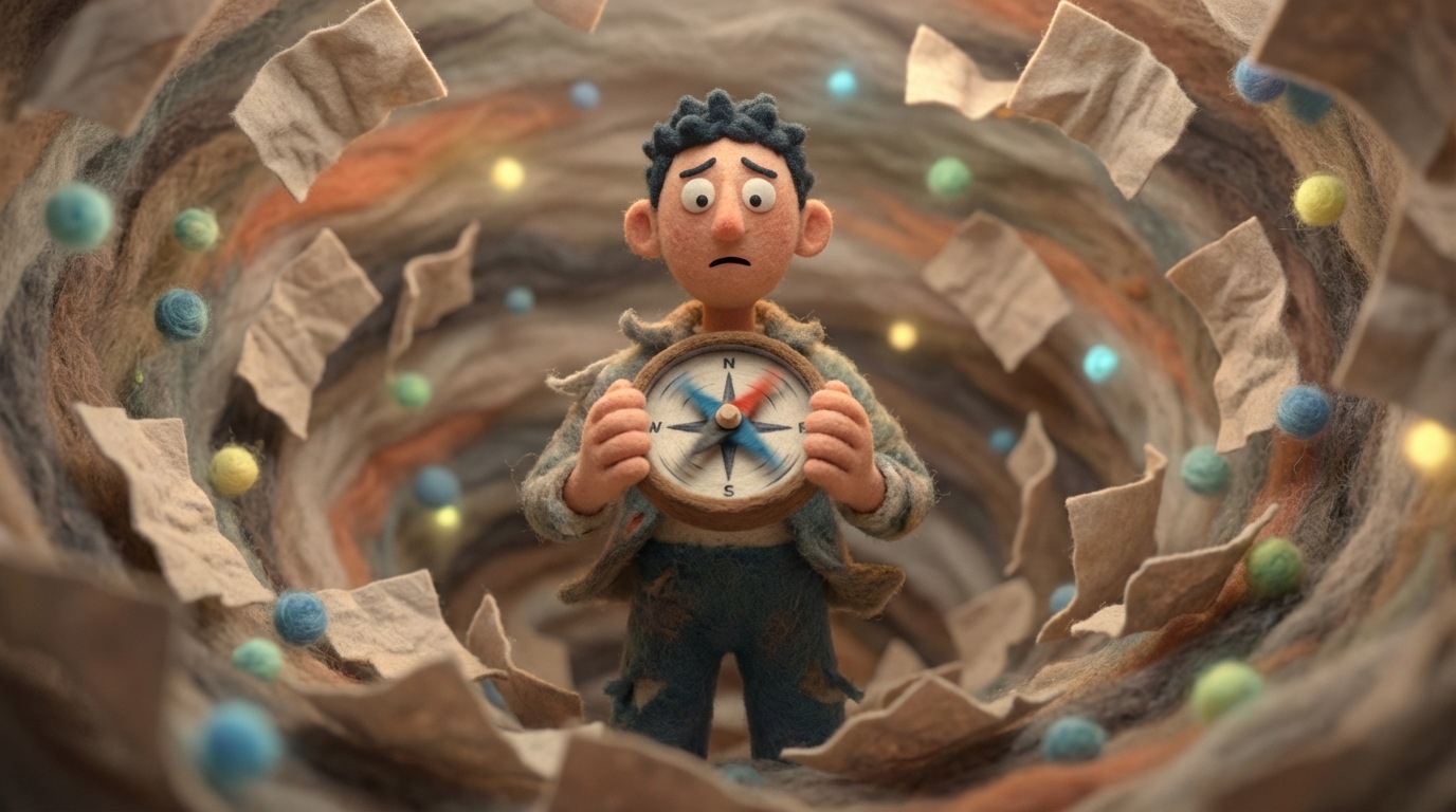 A stylized, abstract figure stands amidst a swirling vortex of disorganized, unlabelled papers and digital data points, holding a compass whose needle spins wildly in every direction. The figure appears lost and overwhelmed. The background is a chaotic mix of muted colors, emphasizing the lack of direction and purpose.