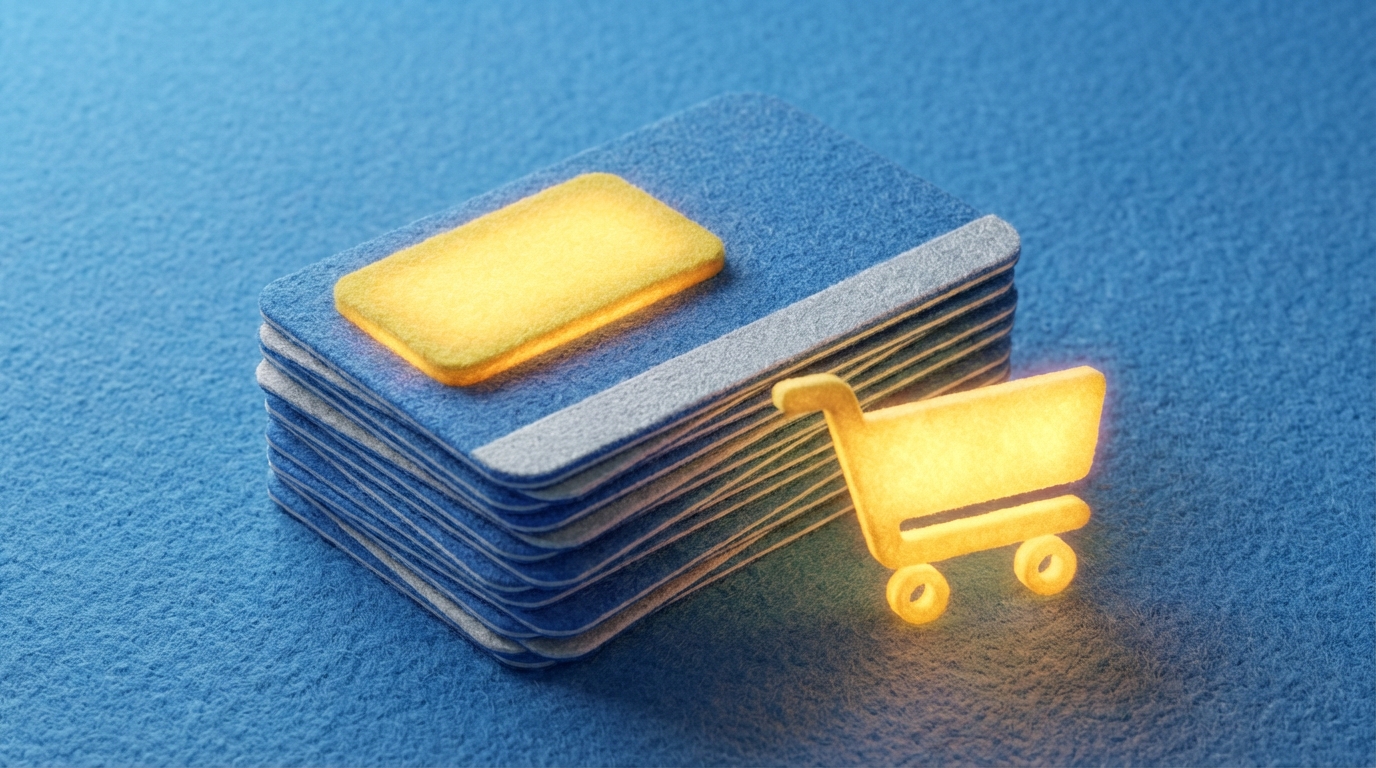 A stack of several neatly arranged, stylized credit cards, with the top card showing a prominent 