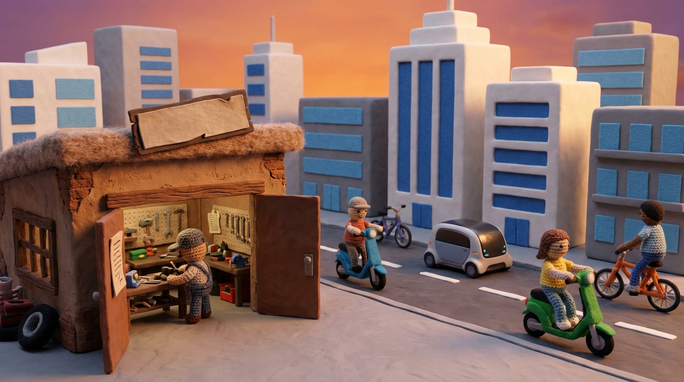 A dynamic, urban street scene from an elevated perspective. In the foreground, a small, traditional repair shop with an open door. In the middle ground, a street bustling with various modern vehicles, including several electric scooters and bikes, moving quickly. The background shows a cityscape with new, contemporary buildings. The atmosphere is energetic and evolving. The color palette combines the earthy tones of the old shop with the metallic and bright colors of modern transport, illustrating the intersection of tradition and emerging trends, and the need for adaptation.