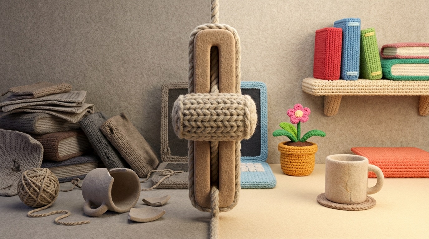 A vertical slider separating two contrasting scenes. On the left side, a "before" image showing a cluttered, disorganized, or suboptimal state (e.g., a messy workspace, a dull landscape, a broken item), rendered in muted or dull colors. On the right side, the "after" image reveals a clean, organized, or vibrant improved state (e.g., a tidy desk, a flourishing garden, a repaired item), depicted with bright, inviting colors. A clear, movable handle on the slider allows for an interactive comparison, visually emphasizing the dramatic positive change and the effectiveness of the solution.