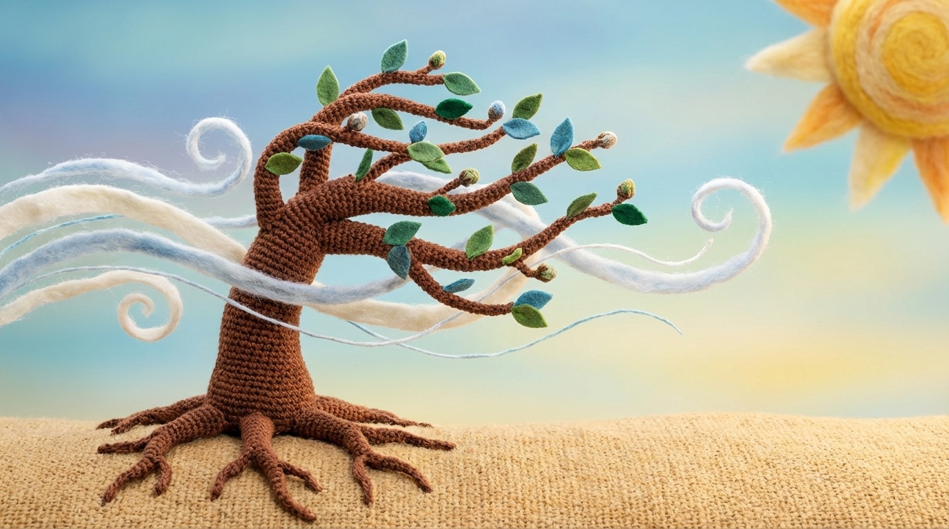 A visual representation of adaptability. A single, strong tree with deep roots is shown, its branches bending gracefully in the wind. The wind symbolizes external changes, and the tree's flexibility represents its ability to adapt and thrive.
