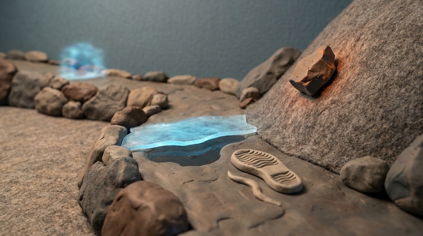 A winding, rocky path with several subtle traps hidden along the way: a thin sheet of ice over a puddle, a loose stone on a steep incline, and a deceptive mirage in the distance. A cautious, stylized footprint is visible, carefully avoiding these pitfalls. The mood is one of warning and careful navigation. The color palette uses muted greys and browns for the path, with contrasting, slightly glowing hazards. Low-angle view.