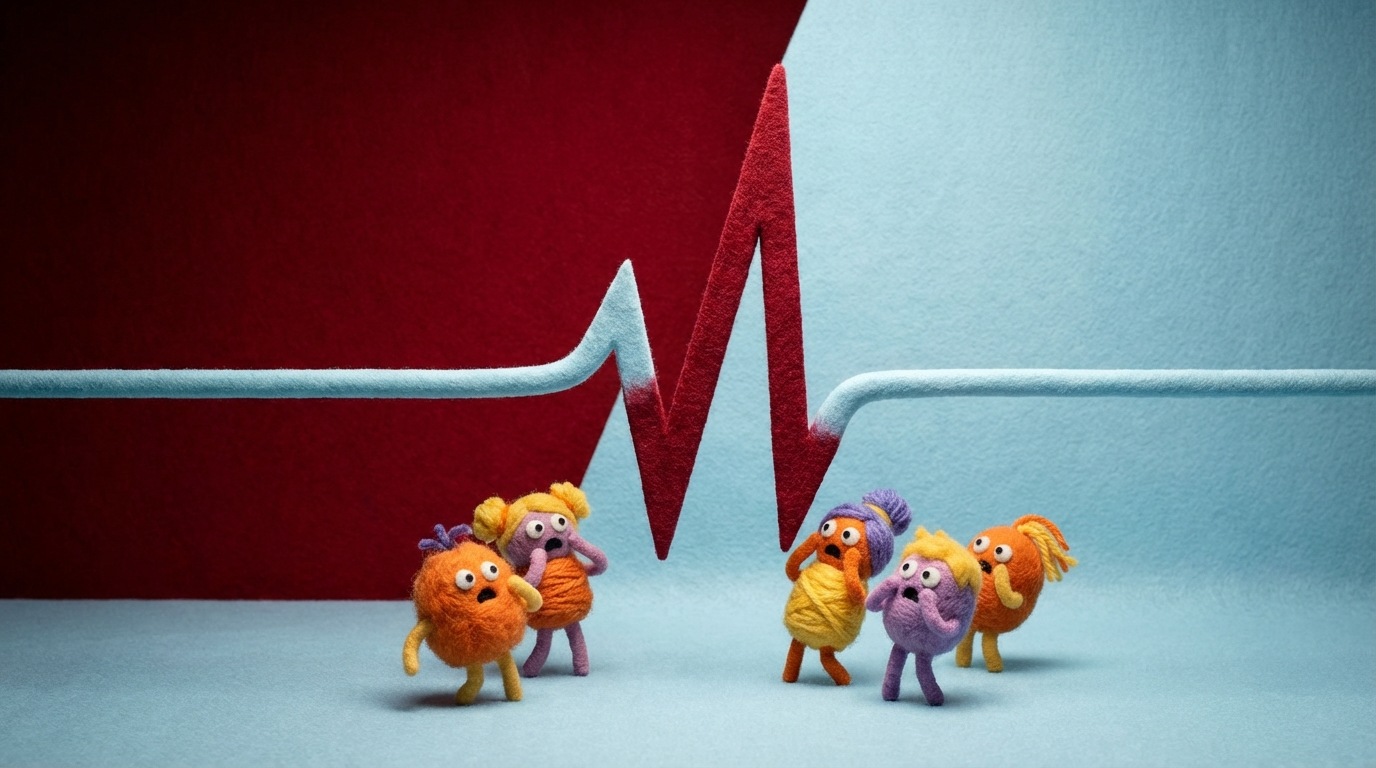 A jagged, sudden vertical line dramatically splitting a smooth, horizontal price graph. The line represents an abrupt price increase, causing immediate disruption. Below this line, several stylized figures are recoiling in surprise or dismay. The background is stark and unsettling, with contrasting, sharp colors (e.g., deep red against a pale blue) to emphasize the shock and negative reaction. The composition is dynamic and conveys a sense of unexpected impact.