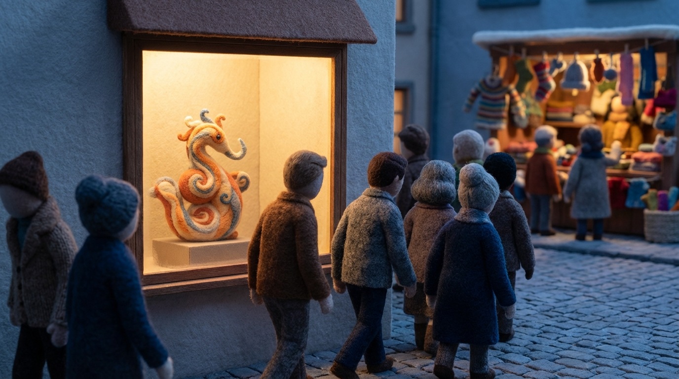 A small, brightly lit shop window with a single, unique item displayed inside. Outside, a stream of diverse stylized figures (without faces) walk past, their backs turned to the window, completely oblivious or uninterested in what's inside. A few figures are looking towards a brighter, more crowded market stall in the distance. The mood is one of missed connections and lack of engagement. Medium shot, focusing on the contrast between the shop and the passing crowd. Warm interior light, cooler exterior light.