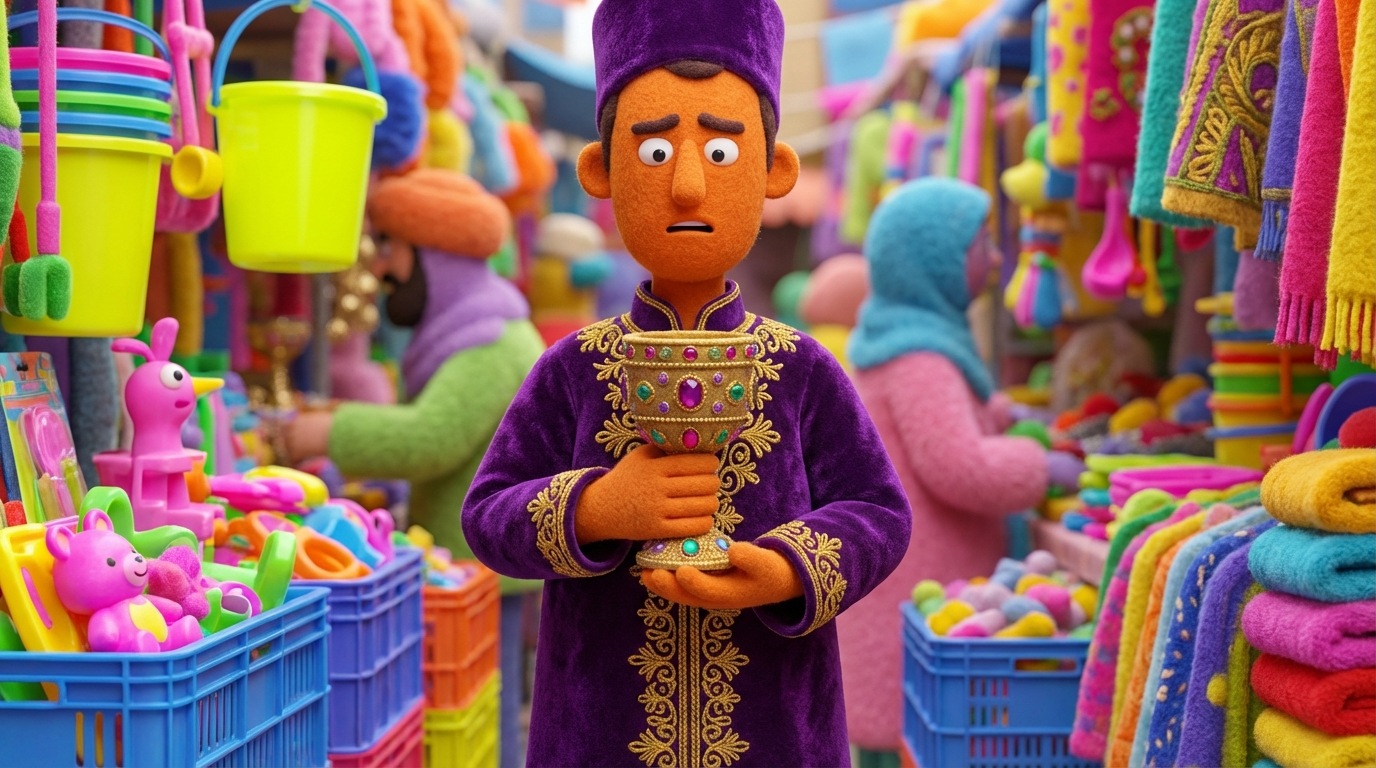 A person holding a beautifully crafted, ornate goblet, but the background is a bustling, cheap market filled with plastic trinkets. The person looks confused and out of place. The color palette contrasts the rich, deep colors of the goblet and the person's attire with the garish, cheap colors of the market stalls, highlighting the mismatch in perception.