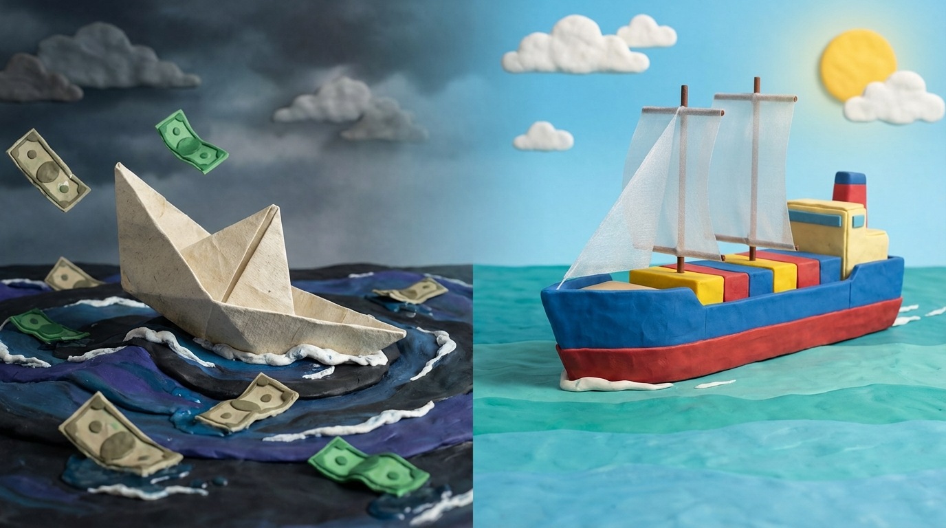 A crumpled paper boat sinking into turbulent, dark waters, surrounded by scattered, wet currency notes. In the background, a large, stable cargo ship with clear sails moves smoothly on calm waters under a bright sky. The sinking boat represents the financial loss and instability from relying solely on intuition, while the stable ship symbolizes the secure progress achieved through data-driven decisions. The color palette emphasizes the contrast between the dark, stormy blues of the left and the bright, serene blues and whites of the right.