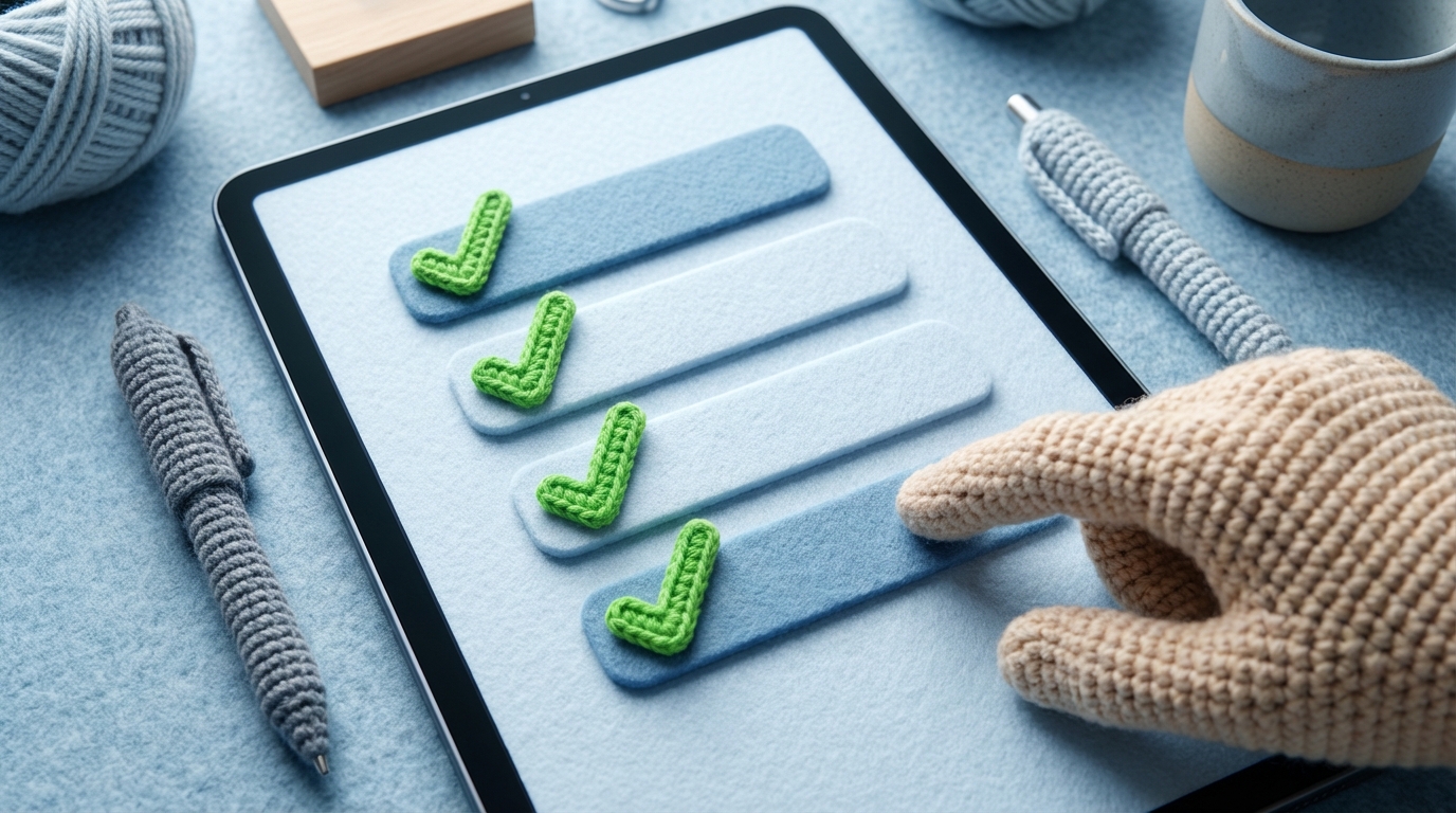 A large, minimalist checklist displayed on a digital tablet or screen, with several items already marked as complete with a green checkmark. A hand is about to tap the next item on the list. The background is a clean, organized desk with a few essential tools. The overall mood is efficient and reliable. Cool, calm color palette with a pop of green for the checkmarks. Close-up shot.