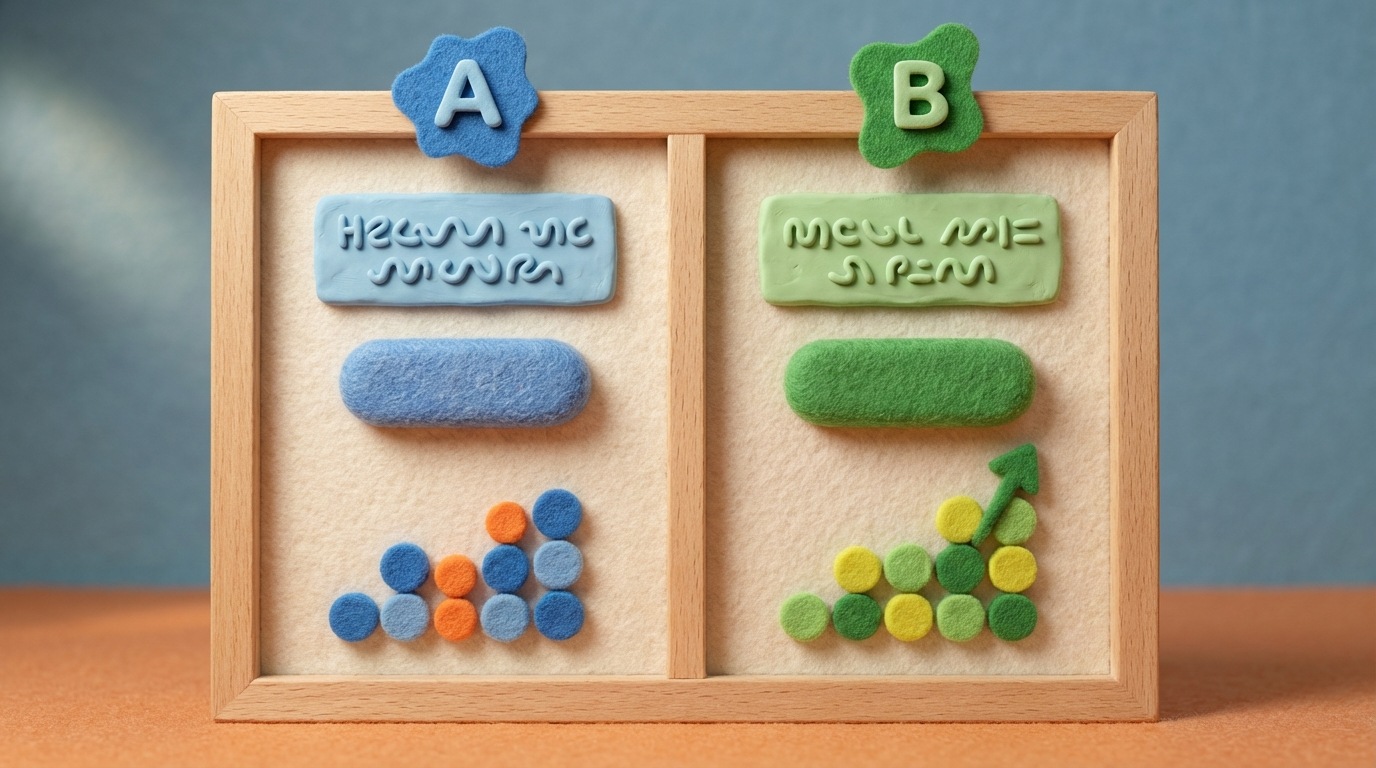 A split screen showing two versions of a digital advertisement or landing page. Version A has a blue button and a certain headline, while Version B has a green button and a slightly different headline. Subtle, stylized data points or a small graph are visible below each version, illustrating their performance metrics. The composition is clean and symmetrical, emphasizing the direct comparison and data-driven decision-making.