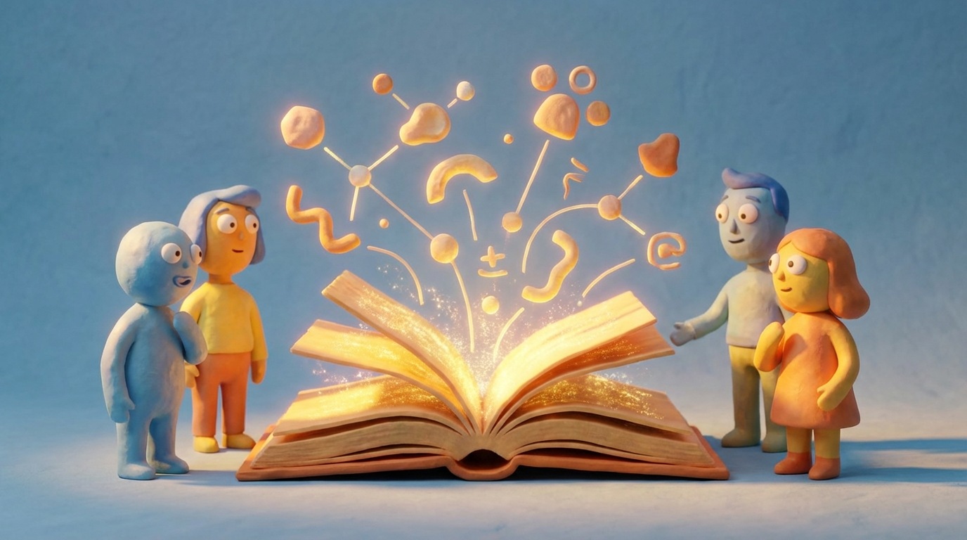 An open, stylized digital book with pages that glow and shimmer. From the pages, various relevant keywords and informational snippets are visually rising and forming connections to abstract figures (potential leads) who are looking towards the book with interest and engagement. The scene evokes a sense of knowledge sharing and attraction through valuable information. A soft, inviting color palette with warm, glowing text.