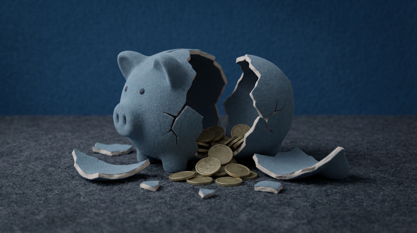 A close-up, slightly high-angle view of a broken piggy bank, cracked open with a few coins spilling out onto a dark, textured surface. The piggy bank is made of simple, smooth ceramic, and the cracks are sharp and jagged, symbolizing financial loss and the breaking of expectations. The color palette is somber, with deep blues and grays, and the scattered coins are a dull gold, emphasizing the cost of unverified decisions.