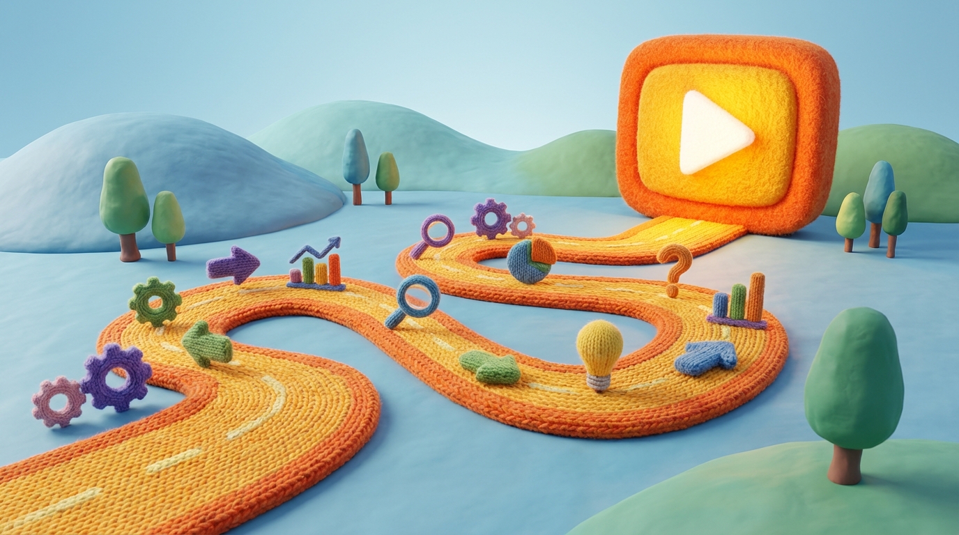 A winding road with various data points and symbols scattered along its length, leading to a distinct "action" icon at the end (e.g., a "play" button or a "launch" icon). The road represents the transformation from raw data to concrete decisions. The landscape around the road is simple, keeping the focus on the path. Vibrant, energetic colors along the road, leading to a bright, prominent action icon. Elevated perspective.