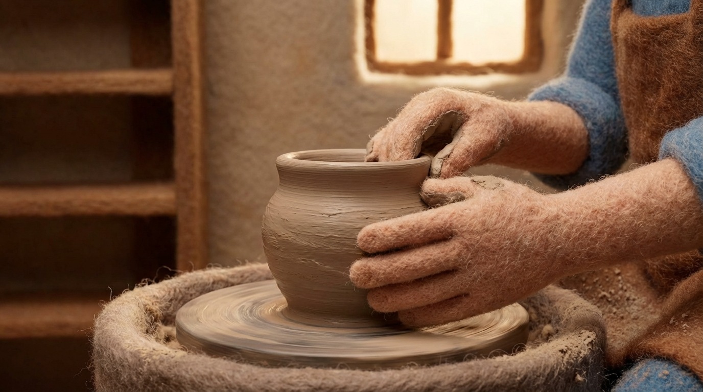 A visual metaphor of a partially formed clay pot on a potter's wheel. The potter's hands are carefully shaping the clay, smoothing out imperfections. The background is a simple, slightly dusty workshop. The mood is one of careful craftsmanship and focused effort.
