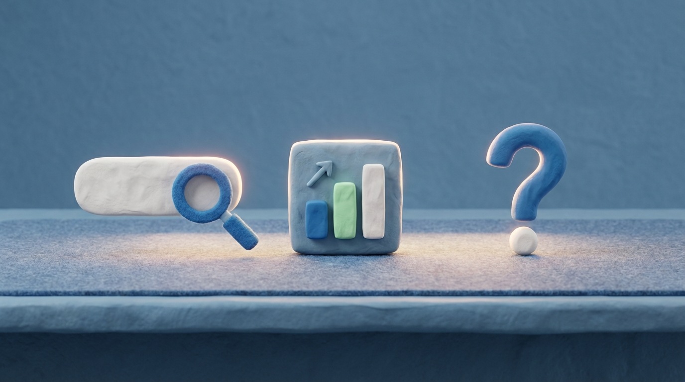 A collection of digital tool icons laid out on a clean, minimalist digital workbench. Icons represent a search bar, a data chart, and a question mark symbol, clearly indicating tools for keyword research and analysis. The composition is clean and organized, suggesting efficiency. A soft glow emanates from the icons, highlighting their utility. The color palette is modern and professional, with blues, greens, and whites.