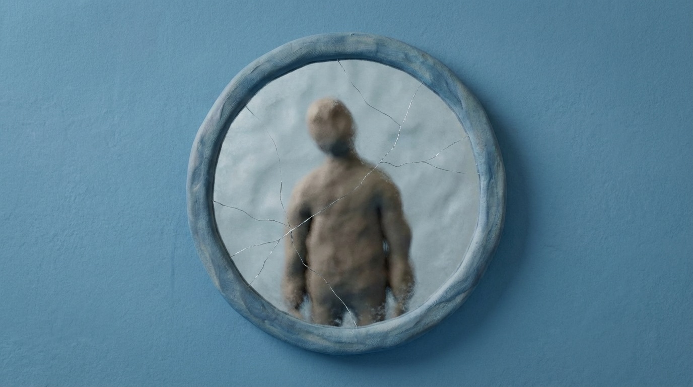 A slightly cracked mirror reflecting a distorted image of a person's silhouette, symbolizing self-deception or overlooking one's own flaws. The cracks are subtle but present, hinting at underlying issues. The reflected image is slightly askew, suggesting a skewed perception. Muted, reflective tones.