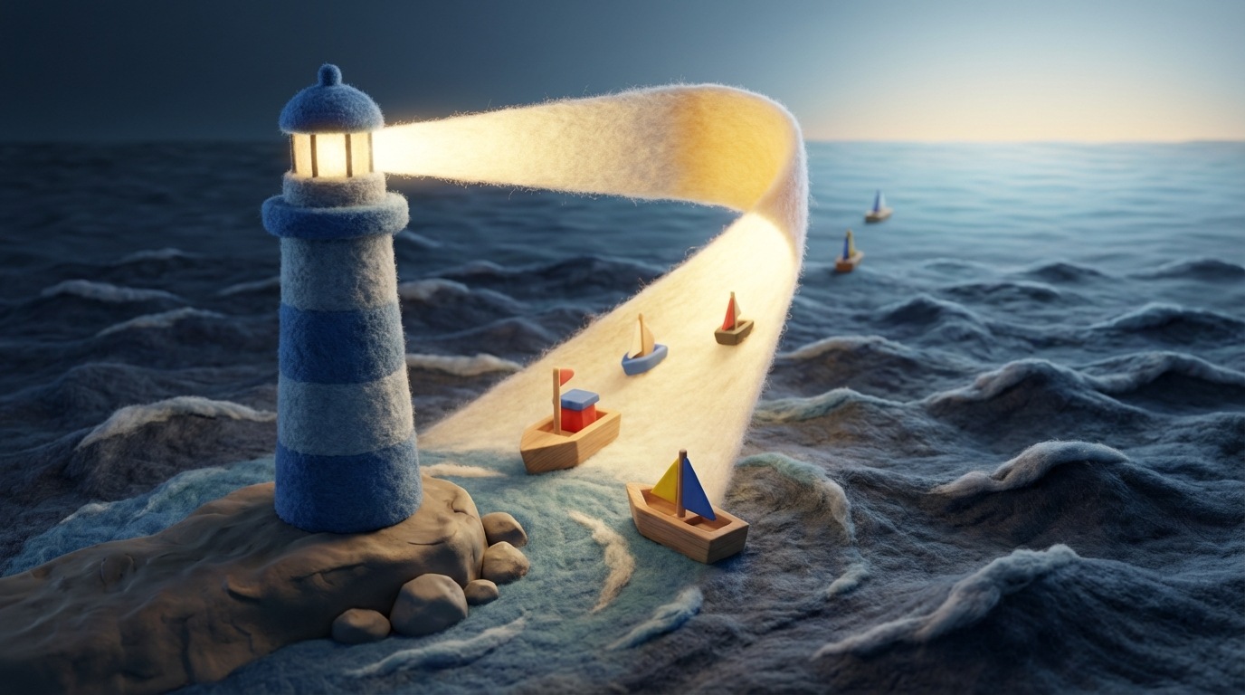 A stylized, modern lighthouse emitting a strong, focused beam of light across a dark, turbulent sea. The light illuminates a clear path for several small, abstract boats navigating through the waves towards a distant, calm horizon. The scene evokes guidance and hope amidst challenges. Deep blues and grays for the sea, bright white and yellow for the light.