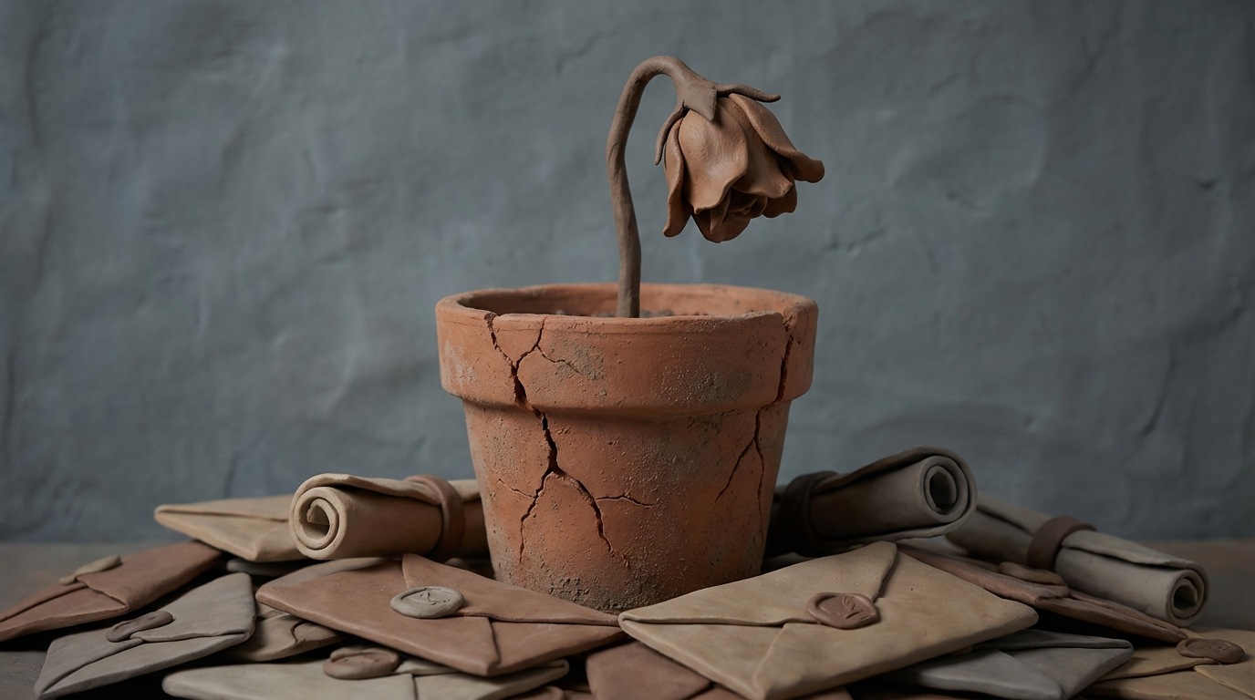 A visual metaphor for ignored complaints. A single, wilted flower is shown in a cracked, dry pot. Around it, several unopened letters and unread messages are piled up, symbolizing unaddressed issues. The color palette is muted and somber, with browns and grays, conveying a sense of neglect and decay.