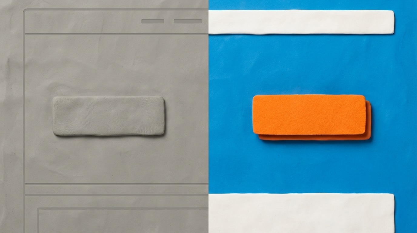 A split screen showing two versions of a simple web page layout. On the left, a dull, grey button blends into the background. On the right, the same button is a vibrant, contrasting color (e.g., bright orange against a blue background) and slightly larger, with clear whitespace around it, making it pop. The difference in prominence is stark. Clean, minimalist design for both pages, emphasizing the button. Overhead view.
