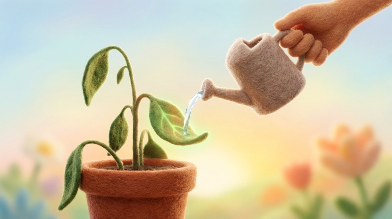 A delicate, almost wilting plant in a pot, with a single stream of water being gently poured onto it by a nurturing hand. The plant shows subtle signs of revival, with a faint glow emanating from its leaves, indicating renewed life. The background is soft and hopeful, emphasizing the process of recovery and the positive impact of care. Soft, ambient lighting, with a focus on renewal.