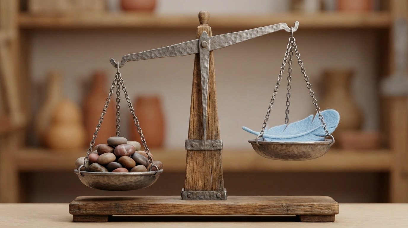 A sturdy, antique-looking balance scale, with one pan heavily weighted down by several small, polished stones, representing evidence and proof. The other pan contains a single, light feather, symbolizing doubt or hesitation, which is clearly outweighed. The scale is perfectly balanced towards the heavier side. The background is soft and blurred, focusing on the scale. A calm, reassuring atmosphere. Earthy, natural tones. Eye-level, slightly angled view.