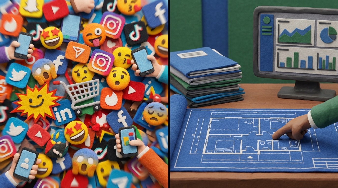 A split scene with a clear vertical division. On the left side, a chaotic, vibrant tableau features small, brightly colored, rapidly changing icons such as fleeting social media posts, quick emojis, and a tiny shopping cart, rendered in bright, contrasting, almost overwhelming colors. On the right side, a calm, organized composition showcases a sturdy stack of professional documents, a single, clear monitor displaying data, and a hand pointing to a complex blueprint on a table, all in muted, professional blues, grays, and deep greens, conveying depth and seriousness. The strong contrast highlights the fundamental difference between B2C and B2B content strategies.