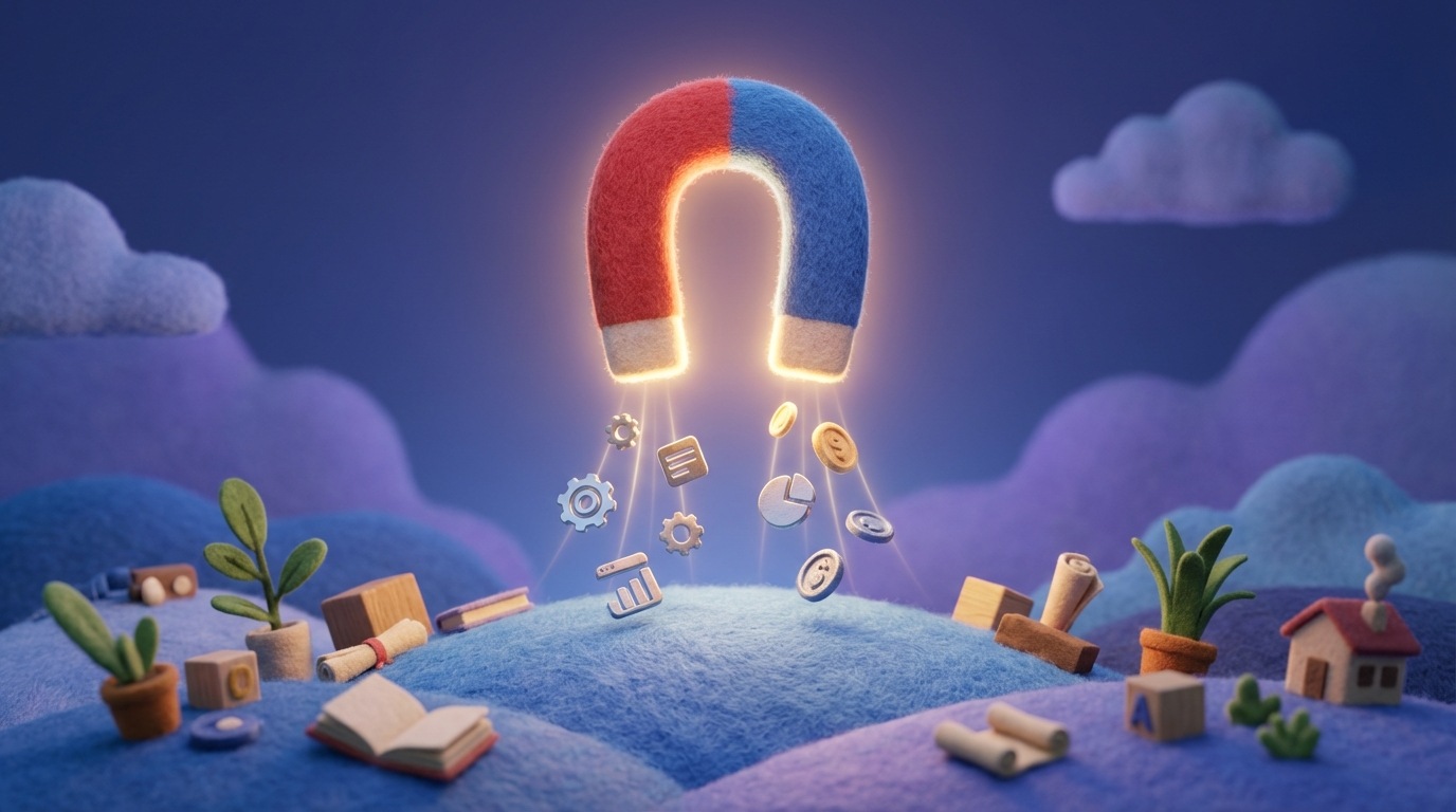 A stylized, glowing magnet hovering above a landscape of various objects, representing different types of information. The magnet is specifically attracting only a few, distinct, metallic-looking objects, while ignoring the vast majority of other, non-metallic items. This illustrates selective attraction. The background is a soft gradient of blues and purples, giving a calm yet focused atmosphere. The magnet emits a warm, bright light.