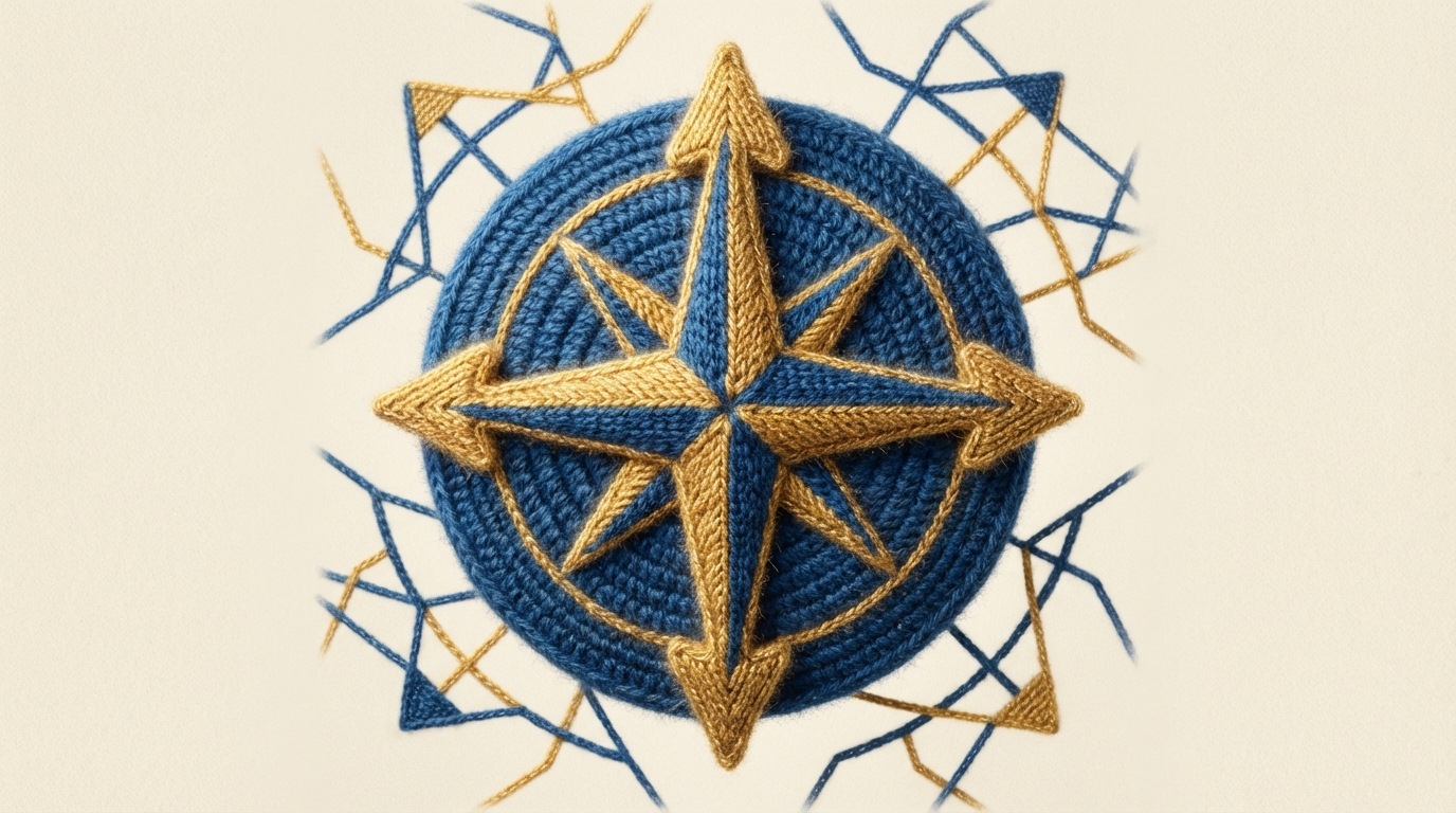 A compass rose with several prominent points highlighted, each labeled with a strategic priority like 