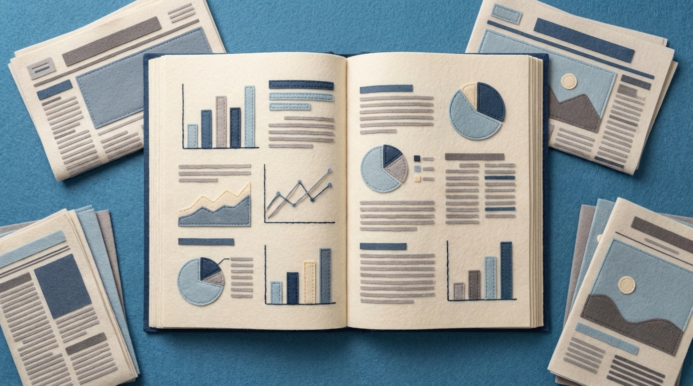 An open, large book with pages displaying charts, graphs, and text, representing industry reports. Surrounding the book are smaller, stacked newspapers and magazines with headlines, symbolizing various publications. The scene conveys a sense of deep research and broad understanding. Muted, academic color palette with blues, grays, and off-white paper. Top-down view.