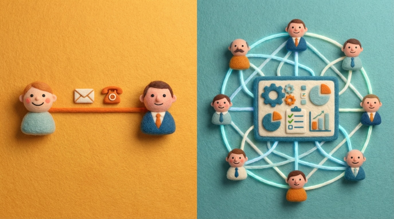 A split illustration showcasing two modes of communication. On the left, a direct line connects a single client icon to a single manager icon, with message and call symbols along the line, representing external client communication. On the right, a cluster of manager icons are interconnected by multiple glowing lines, forming a network around a central project board, symbolizing internal team collaboration and task management. The left side is focused and linear, the right is complex and networked. Distinct color schemes for each side: warm for client interaction, cool for internal.