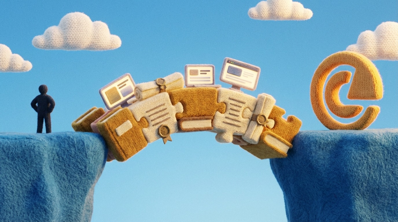 A sturdy, stylized bridge being constructed from various content elements like books, documents, and computer screens, spanning a gap between a potential client (represented by a silhouette) and a company logo. The bridge elements are interlocking, suggesting a strong foundation. The color palette is warm and inviting, with golden hues for the content elements and a clear blue sky in the background, symbolizing trust and clarity.