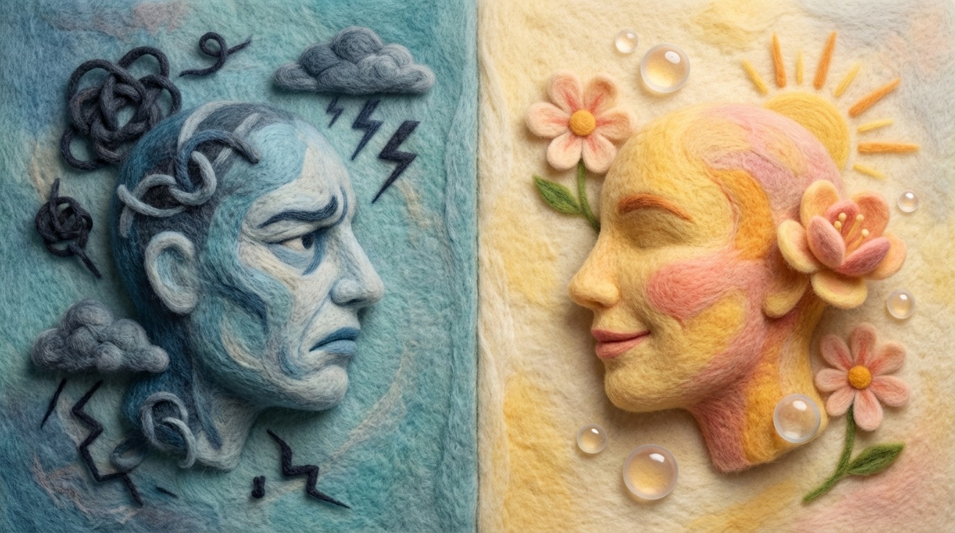 A split image with a subtle vertical division. On the left side, a stylized, abstract representation of a furrowed brow or a slightly troubled expression, with floating, fragmented words like "worry," "stress," "problem" around it. On the right side, a relaxed, calm expression with words like "relief," "solution," "joy" gently floating. The background colors subtly shift from cool, muted tones on the left to warm, inviting tones on the right. Side profile view of the abstract faces.