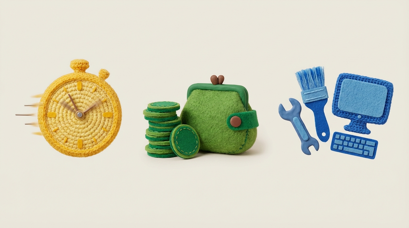 Three distinct, stylized icons arranged horizontally. 1. **Left:** A clock face with fast-moving hands, symbolizing 