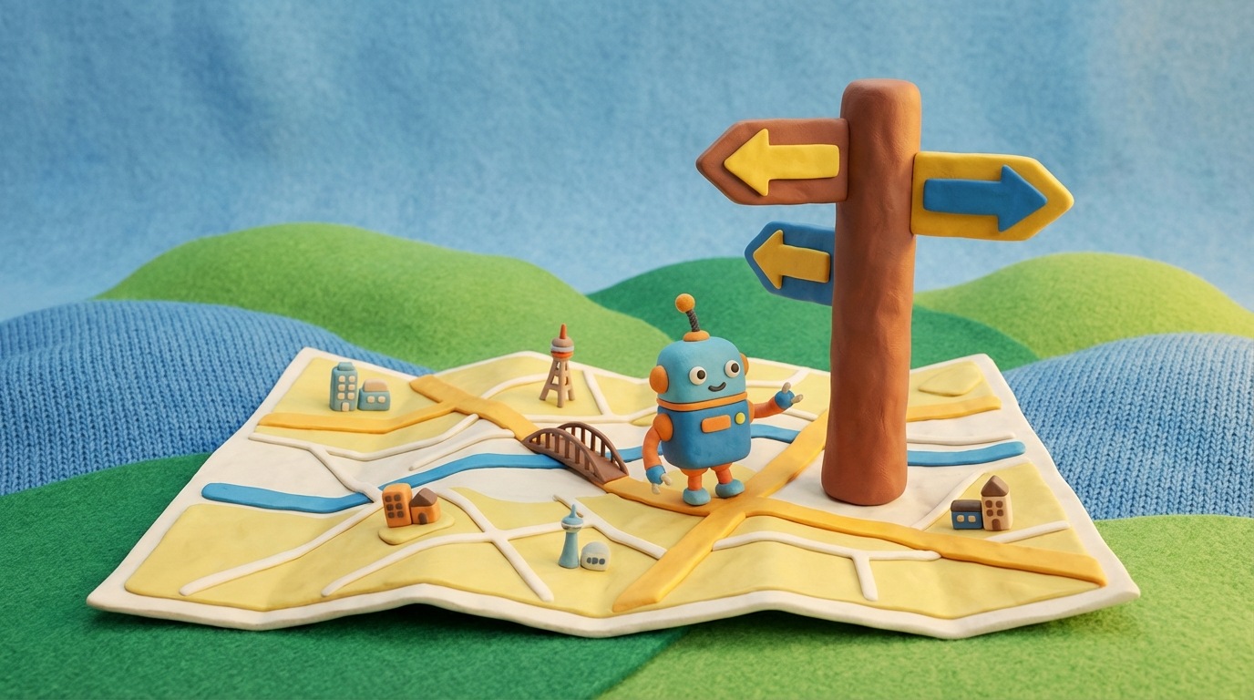 A stylized landscape featuring a detailed city map with clearly marked streets and landmarks, representing a sitemap. A small, friendly robot icon is navigating the map, being guided by a prominent signpost labeled "Robots.txt" with clear directional arrows. The scene conveys a sense of clear guidance and efficient exploration. The color palette is bright and inviting, with a mix of greens, blues, and yellows.