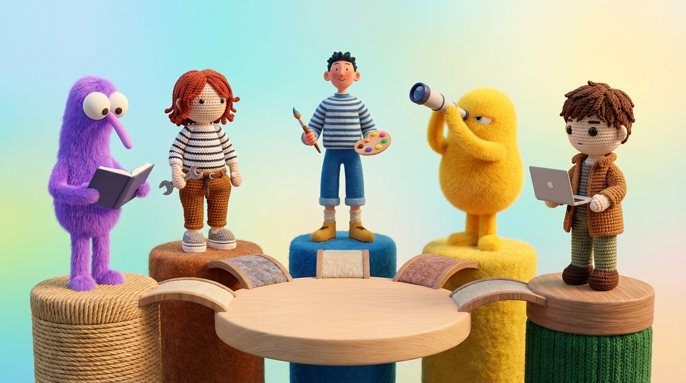 A group of diverse, stylized figures standing on individual, slightly elevated platforms, each platform connected to a central, larger platform. Each figure holds a distinct tool or book, symbolizing specialized knowledge. The central platform is open and uncluttered. The overall composition suggests empowerment and interconnectedness. Bright, encouraging colors. Medium shot.