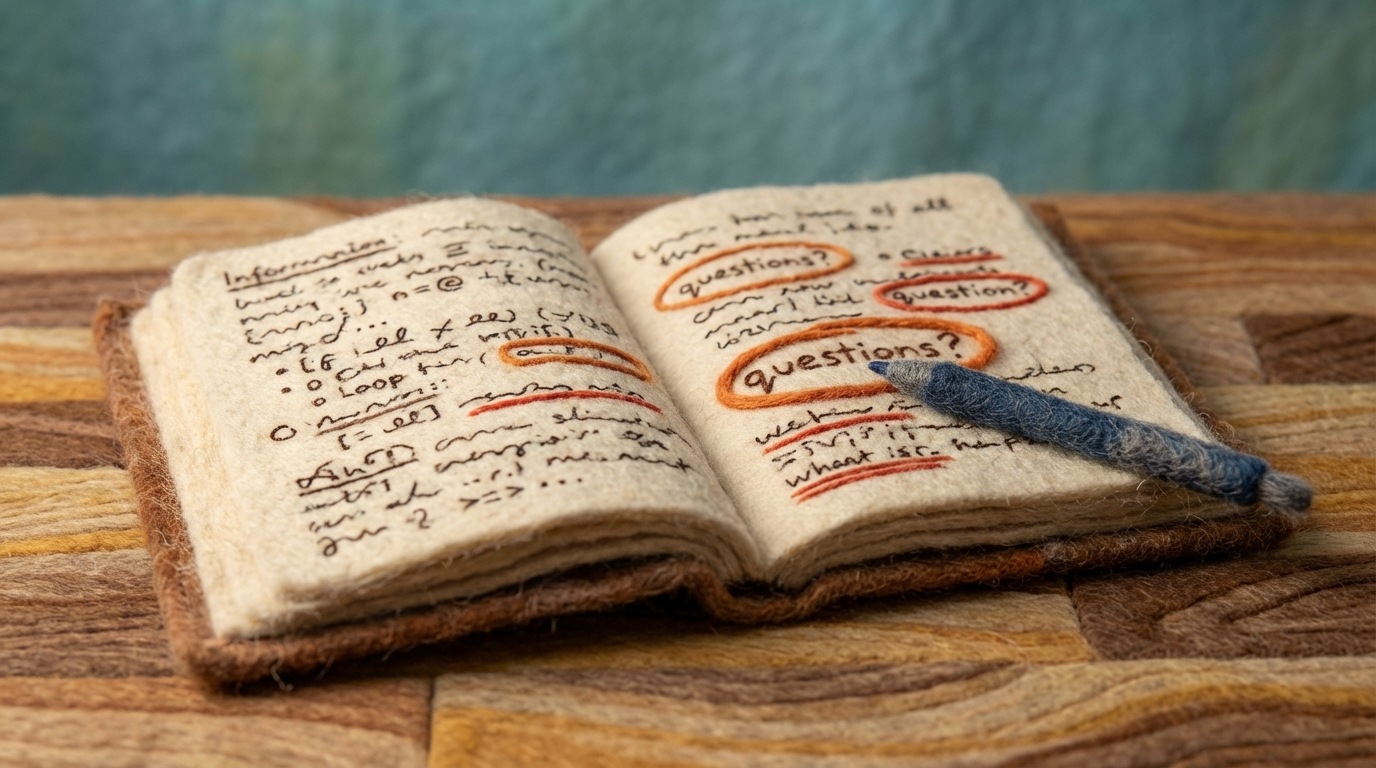 A worn but well-used open notebook lies on a wooden desk, filled with handwritten notes. Each page is covered with various questions, some short and general, but several are underlined or circled, standing out as long, specific, and detailed queries. A pen rests diagonally across the pages, pointing towards one of the highlighted questions. The mood is one of diligent collection and insightful analysis.