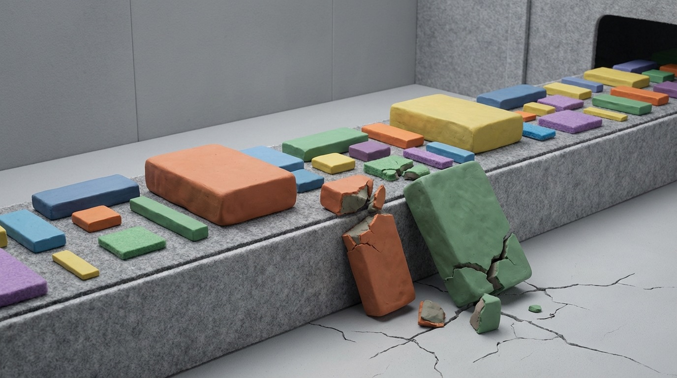 A stylized conveyor belt moving from left to right across the frame. On the belt, various rectangular blocks representing different revenue streams are moving: some small, some medium, and a few significantly larger ones. As the belt progresses, one or two of the largest blocks have fallen off the side and are lying broken on the ground next to the belt, while many smaller blocks continue to move along. The background is a simple, industrial grey, emphasizing the mechanism. The colors of the blocks are distinct, with the largest broken ones appearing duller or fractured.