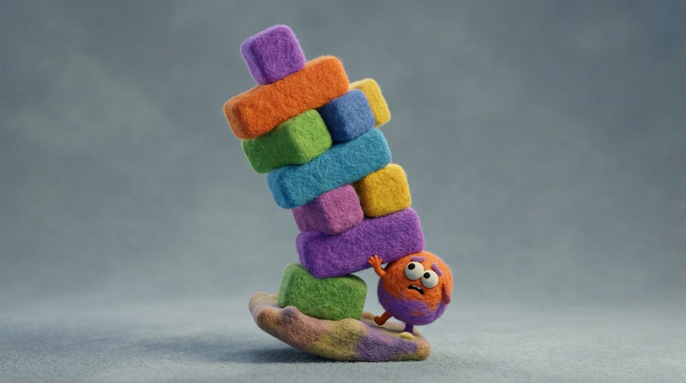 A towering stack of irregularly shaped blocks, each representing a task or responsibility, piled precariously on a small, wobbly base. The stack is leaning heavily, threatening to collapse at any moment. The base is an abstract representation of a person, appearing overwhelmed and struggling to maintain balance. Overcast lighting emphasizes the pressure and instability of the situation.