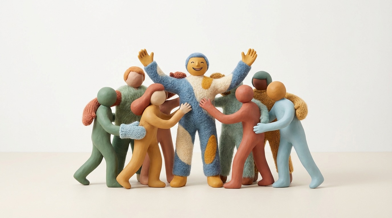 A diverse group of abstract, stylized figures standing together in a cohesive, supportive formation. One central figure is slightly more prominent, representing leadership, while others are arranged around them, each contributing to the overall strength of the group. The background is clean and bright, emphasizing unity. The color palette is harmonious, with soft, professional tones. A sense of collective strength and purpose.